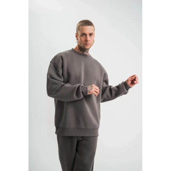 Biçomi Uzun Kol Bisiklet Yaka Basic SweatShirt - Füme