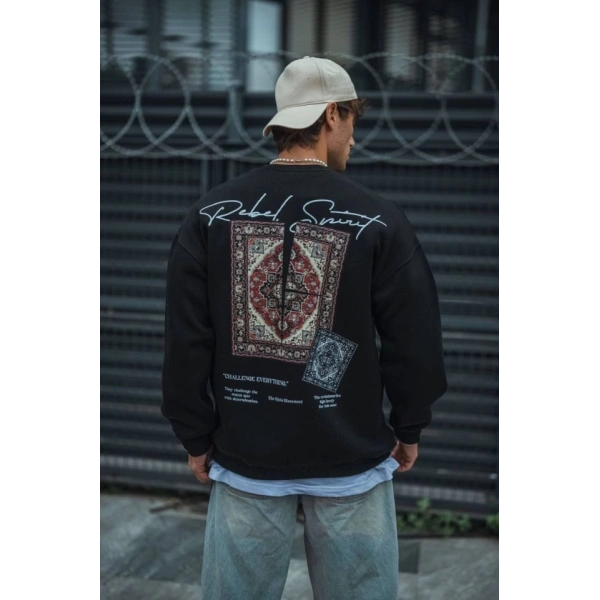 Biçomi Uzun Kol Bisiklet Yaka Baskılı SweatShirt - Siyah