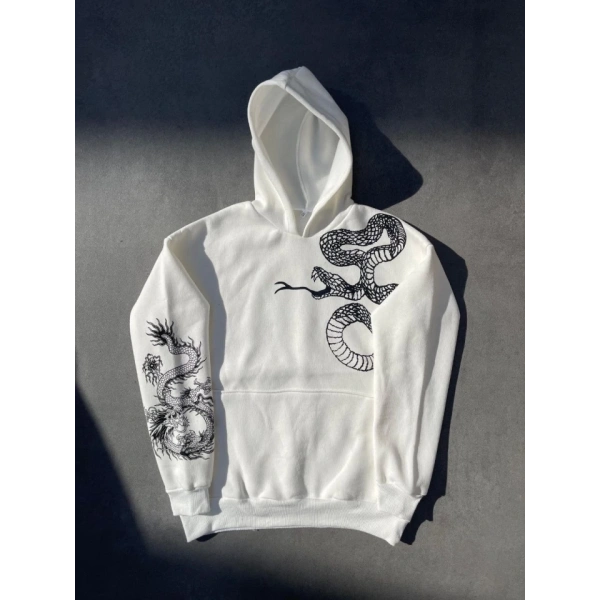 Biçomi Uzun Kol Kapşonlu Baskılı SweatShirt - Beyaz