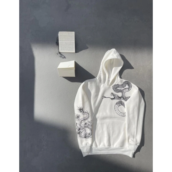 Biçomi Uzun Kol Kapşonlu Baskılı SweatShirt - Beyaz