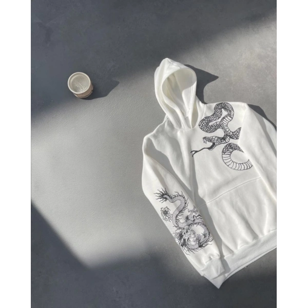 Biçomi Uzun Kol Kapşonlu Baskılı SweatShirt - Beyaz