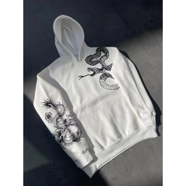 Biçomi Uzun Kol Kapşonlu Baskılı SweatShirt - Beyaz