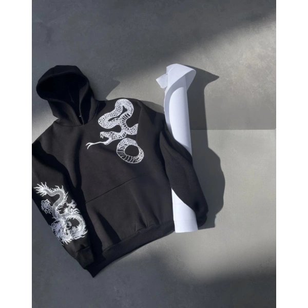 Biçomi Uzun Kol Kapşonlu Baskılı SweatShirt - Siyah