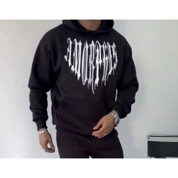 Biçomi Uzun Kol Kapşonlu Baskılı SweatShirt - Siyah