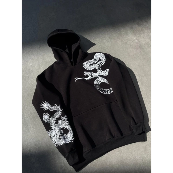 Biçomi Uzun Kol Kapşonlu Baskılı SweatShirt - Siyah