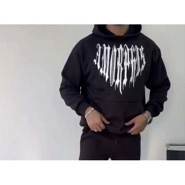 Biçomi Uzun Kol Kapşonlu Baskılı SweatShirt - Siyah