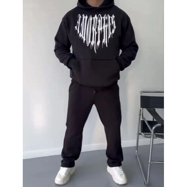 Biçomi Uzun Kol Kapşonlu Baskılı SweatShirt - Siyah