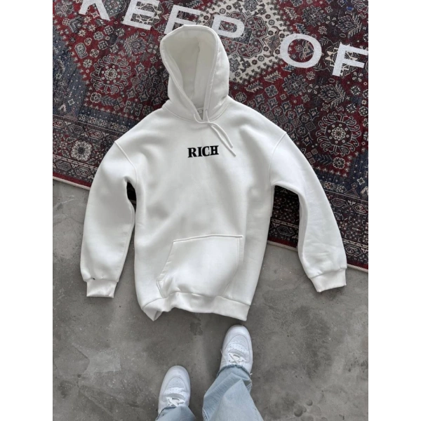 Biçomi Uzun Kol Kapşonlu Göğüs Baskılı SweatShirt - Beyaz