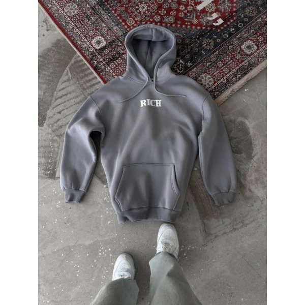 Biçomi Uzun Kol Kapşonlu Göğüs Baskılı SweatShirt - Gri