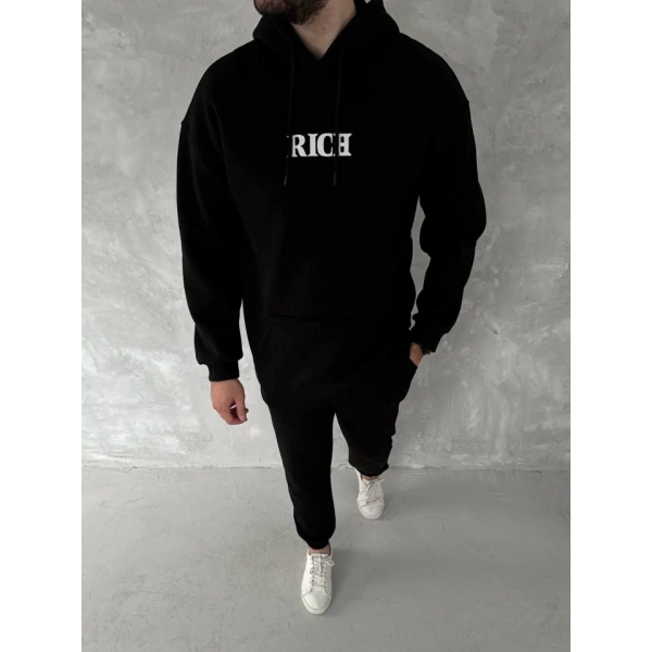 Biçomi Uzun Kol Kapşonlu Göğüs Baskılı SweatShirt - Siyah