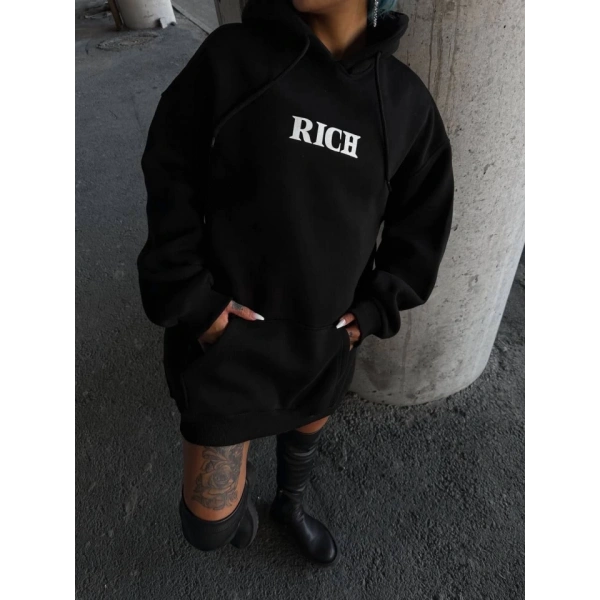 Biçomi Uzun Kol Kapşonlu Göğüs Baskılı SweatShirt - Siyah