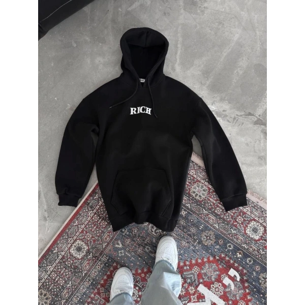 Biçomi Uzun Kol Kapşonlu Göğüs Baskılı SweatShirt - Siyah