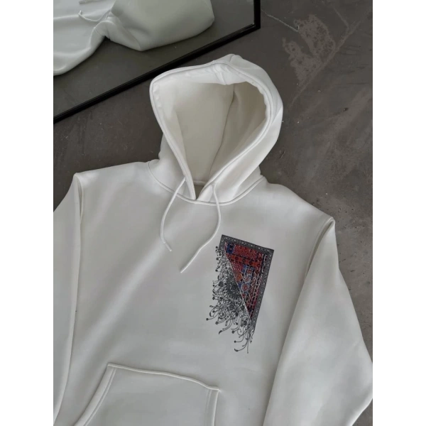Biçomi Uzun Kol Kapşonlu Ön Ve Arka Baskılı SweatShirt - Beyaz