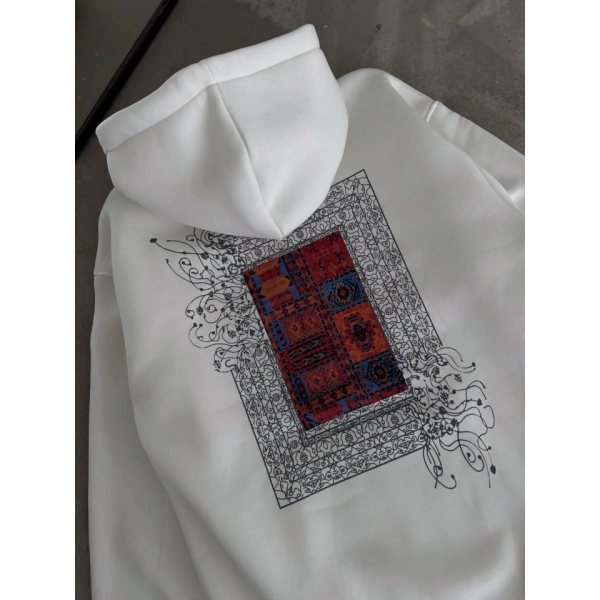 Biçomi Uzun Kol Kapşonlu Ön Ve Arka Baskılı SweatShirt - Beyaz
