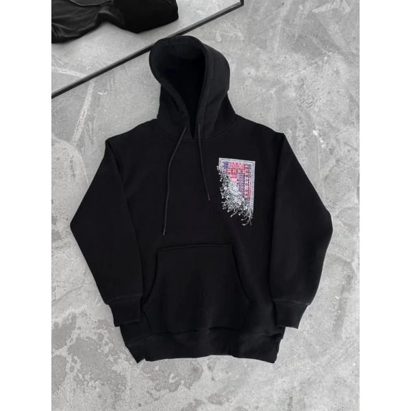 Biçomi Uzun Kol Kapşonlu Ön Ve Arka Baskılı SweatShirt - Siyah