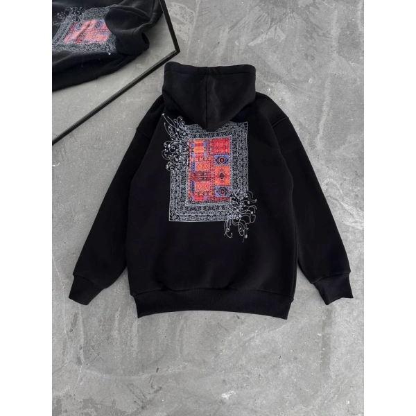Biçomi Uzun Kol Kapşonlu Ön Ve Arka Baskılı SweatShirt - Siyah