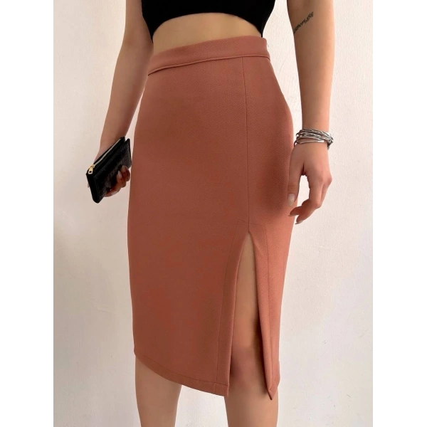 BİÇOMİ Uzun midi boy yırtmaçlı etek somon s24907