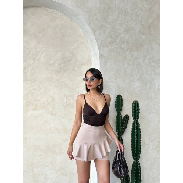 BİÇOMİ Valonlu fırfırlı şort bej s24683