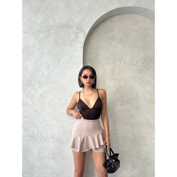 BİÇOMİ Valonlu fırfırlı şort bej s24683