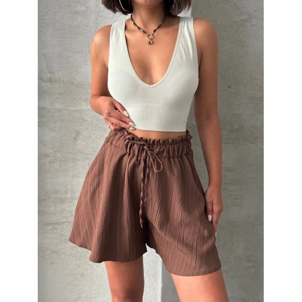 BİÇOMİ Volanlı keten şort kahve s255058