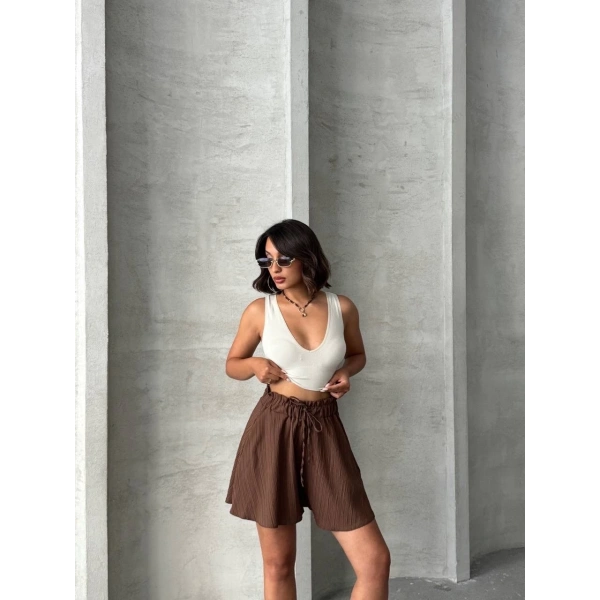 BİÇOMİ Volanlı keten şort kahve s255058