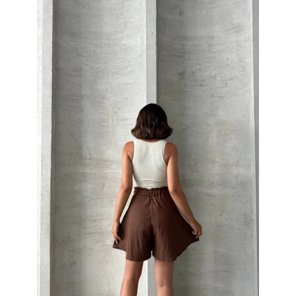 BİÇOMİ Volanlı keten şort kahve s255058