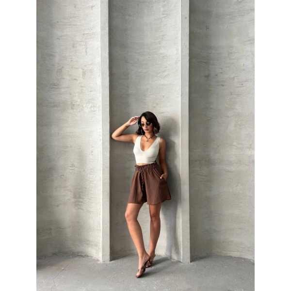 BİÇOMİ Volanlı keten şort kahve s255058