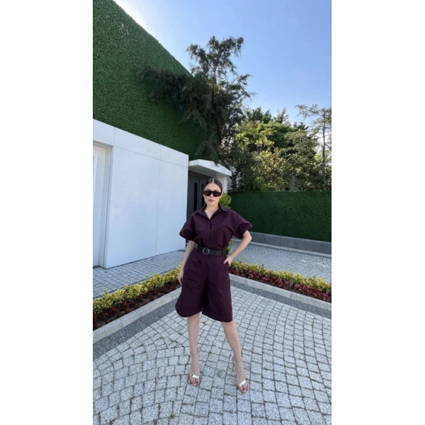Biçomi Yakalı Gömlek Kemerli Şortlu Takım - Bordo