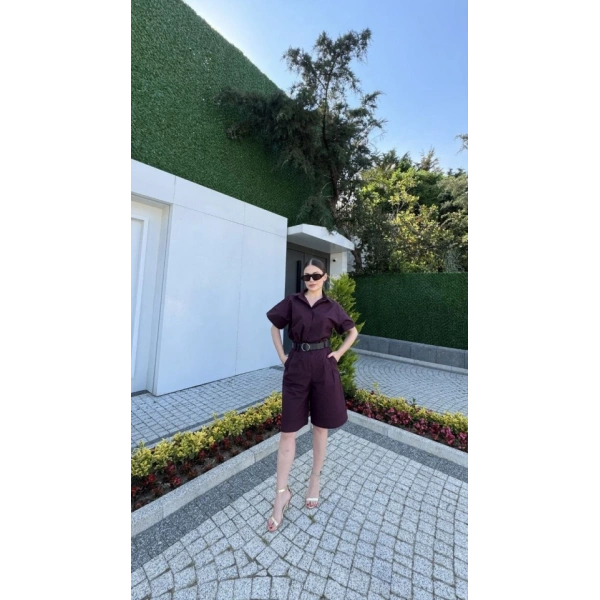 Biçomi Yakalı Gömlek Kemerli Şortlu Takım - Bordo
