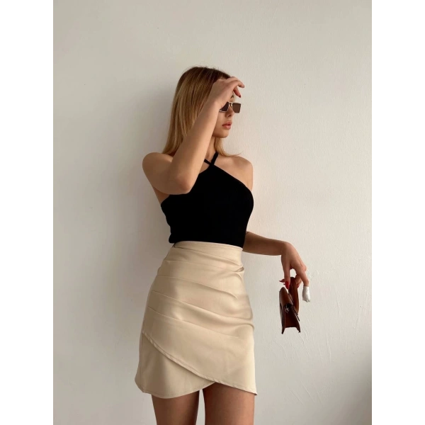BİÇOMİ Yandan drapeli asimetrik etek bej s24771
