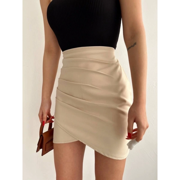 BİÇOMİ Yandan drapeli asimetrik etek bej s24771