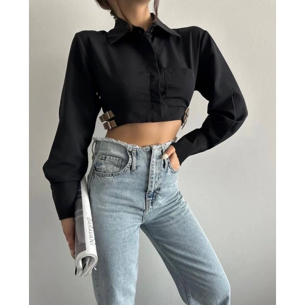 BİÇOMİ Yanı kemer detaylı crop gömlek siyah s4009