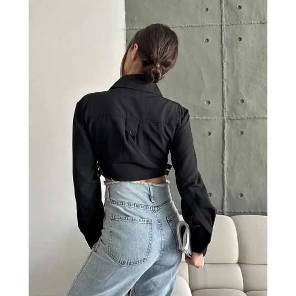 BİÇOMİ Yanı kemer detaylı crop gömlek siyah s4009