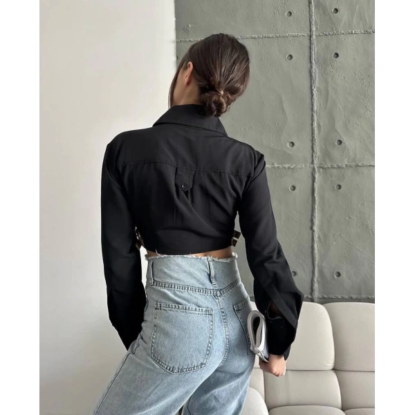 BİÇOMİ Yanı kemer detaylı crop gömlek siyah s4009