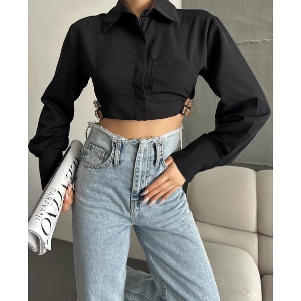 BİÇOMİ Yanı kemer detaylı crop gömlek siyah s4009