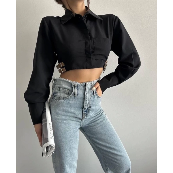 BİÇOMİ Yanı kemer detaylı crop gömlek siyah s4009