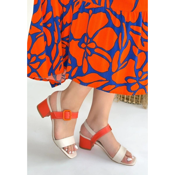 BİÇOMİ Year Bej Cilt Turuncu Detaylı Turuncu Topuklu Topuklu Ayakkabı