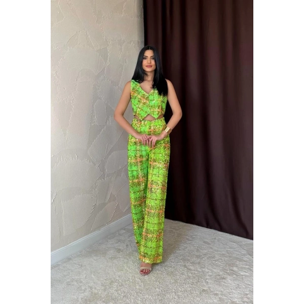 Biçomi Yeşil Pullu Yelek Ve Pantolon Takım