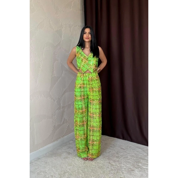 Biçomi Yeşil Pullu Yelek Ve Pantolon Takım