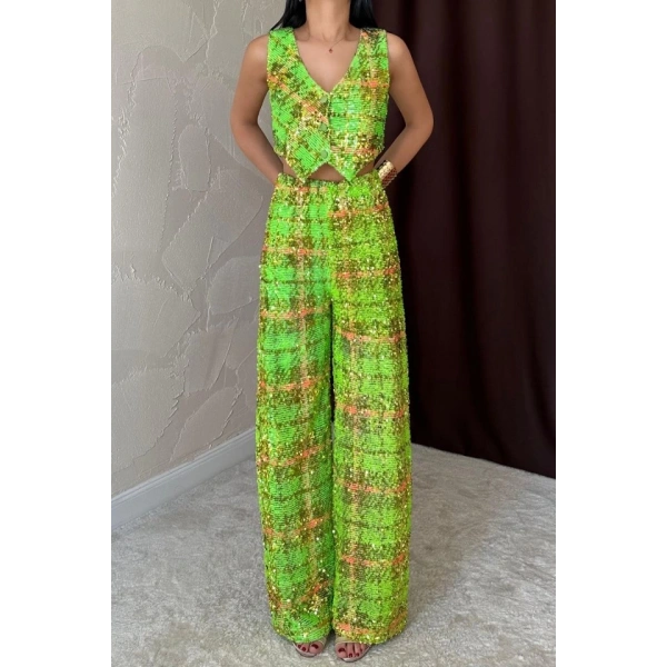 Biçomi Yeşil Pullu Yelek Ve Pantolon Takım