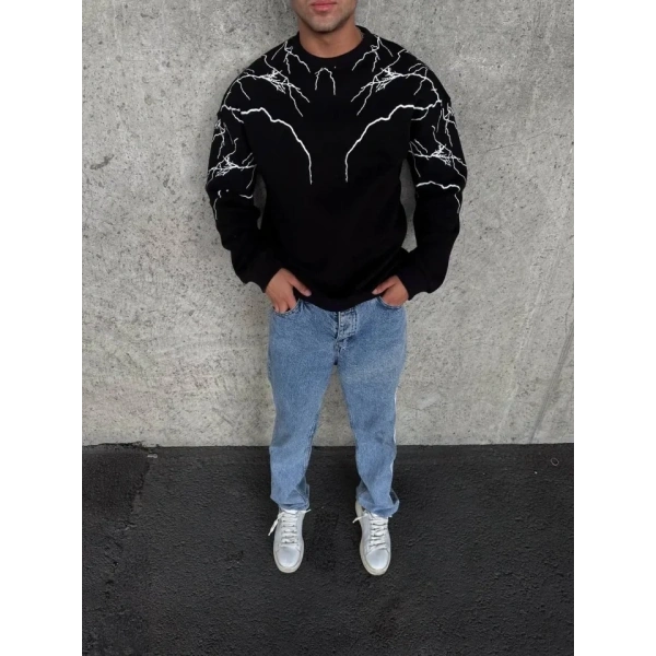 Biçomi Yıldırım Baskılı Bisiklet Yaka SweatShirt - Siyah