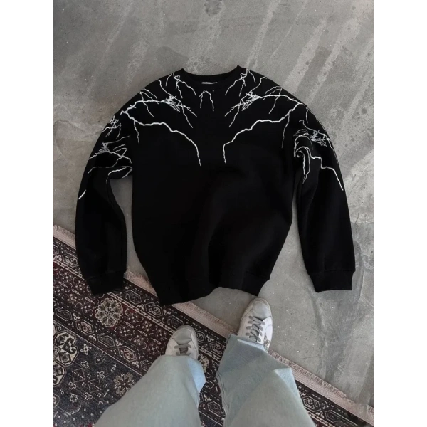 Biçomi Yıldırım Baskılı Bisiklet Yaka SweatShirt - Siyah
