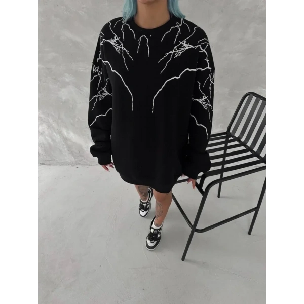 Biçomi Yıldırım Baskılı Bisiklet Yaka SweatShirt - Siyah