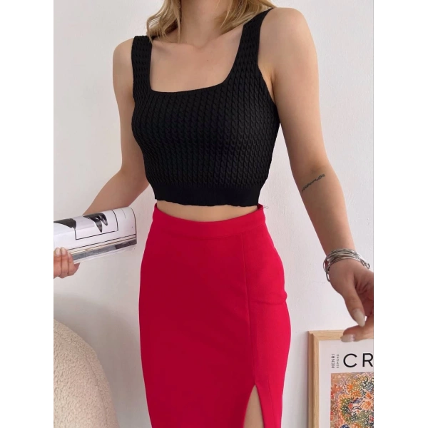 BİÇOMİ Yırtmaçlı esnek kumaş midi boy etek koyu kırmızı