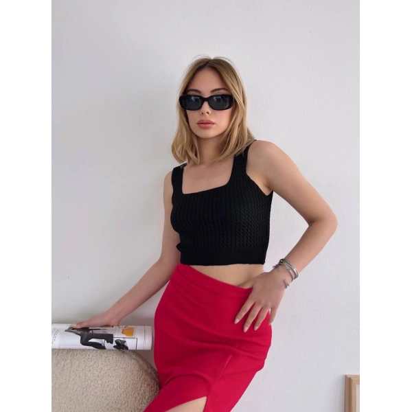 BİÇOMİ Yırtmaçlı esnek kumaş midi boy etek koyu kırmızı