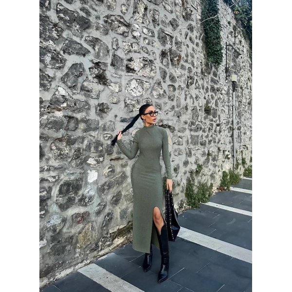 BİÇOMİ Yırtmaçlı kalın bürümcük uzun elbise Yeşil