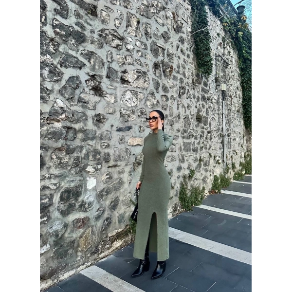 BİÇOMİ Yırtmaçlı kalın bürümcük uzun elbise Yeşil