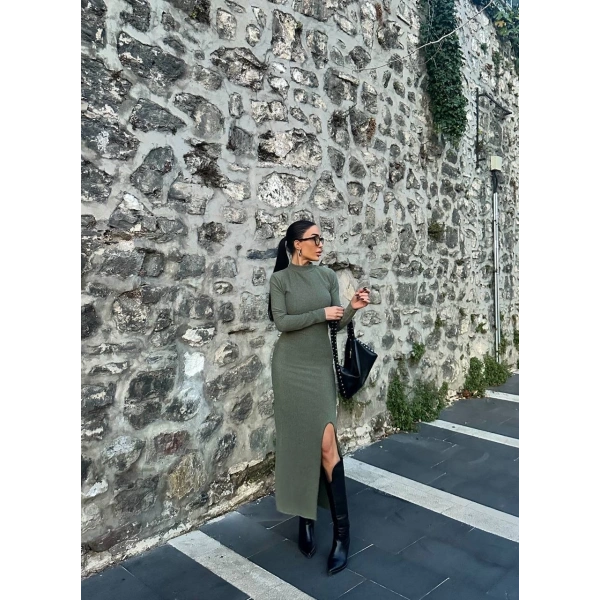 BİÇOMİ Yırtmaçlı kalın bürümcük uzun elbise Yeşil