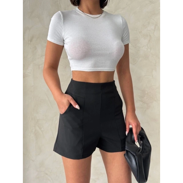 BİÇOMİ Yüksek bel parçalı double kumaş şort s25312