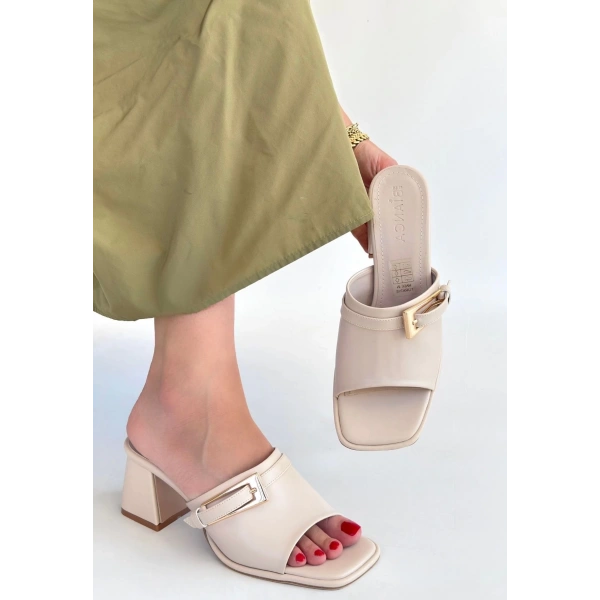 BİÇOMİ Ziva Bej Cilt Topuklu Terlik